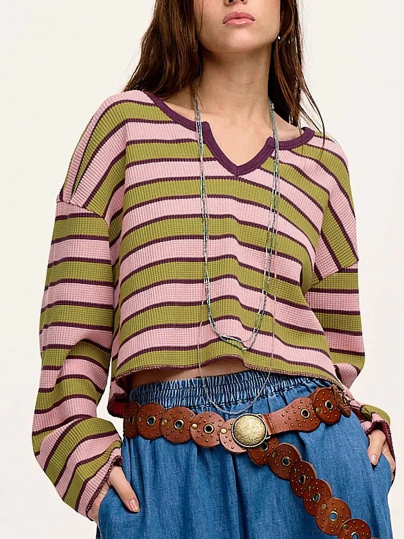 Stripes Waffle Texture Notched Neck Long Sleeve Top - -