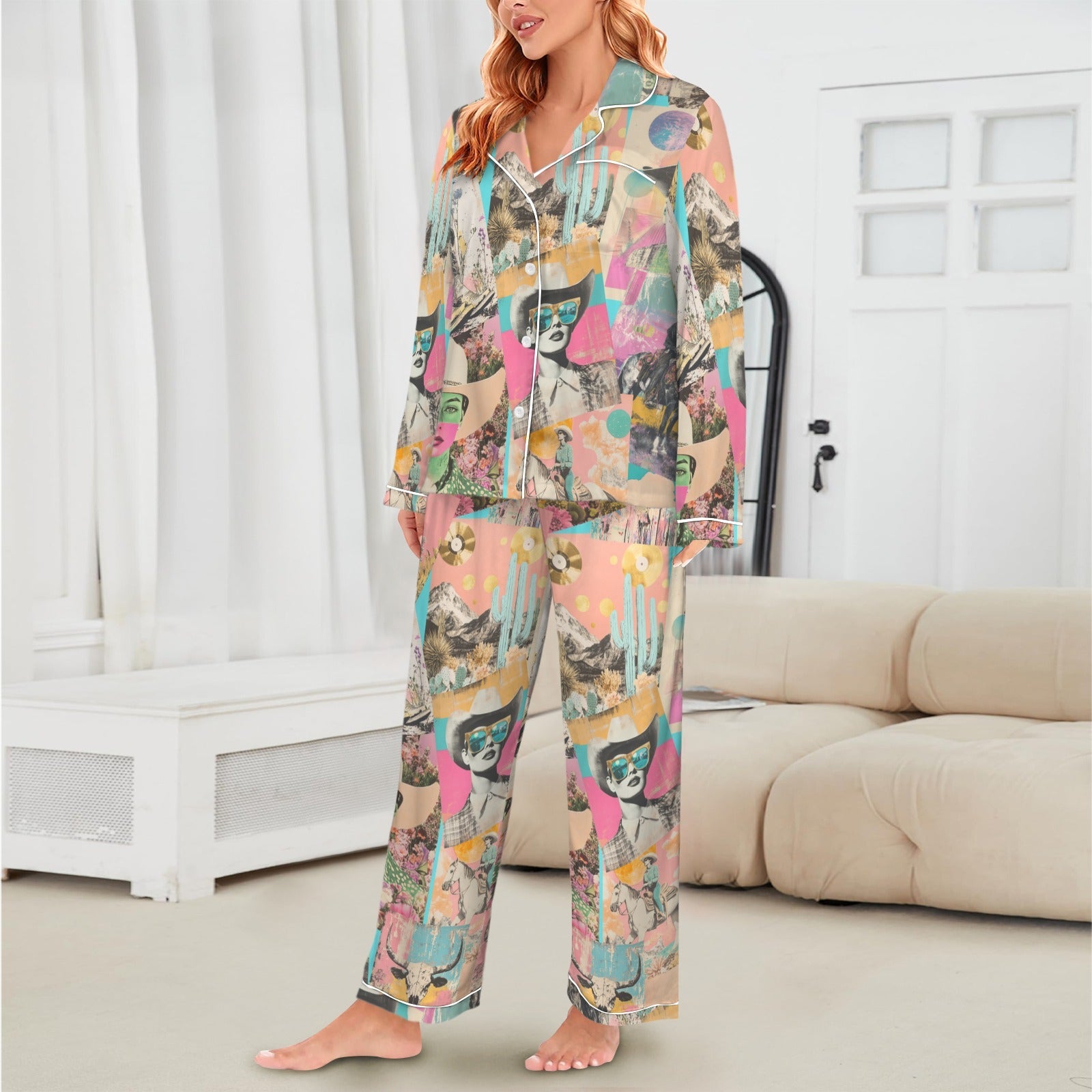 Baha Ranch Pop Western Collage Cowgirl Satin Pajamas - - Pajama Sets