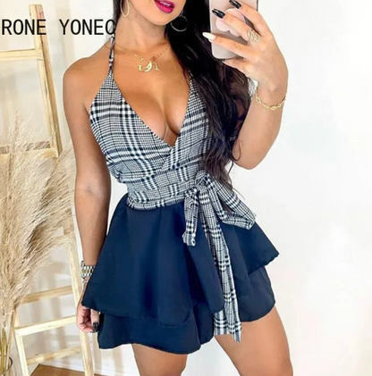 Trendy Plaid Halter Top & Sleek Mini Skirt Set - - skirt set