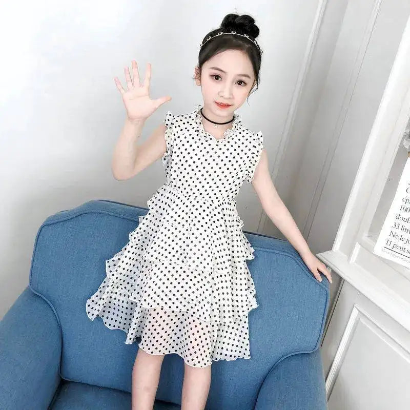 Sleeveless Girls Polka Dot Pleated Dress