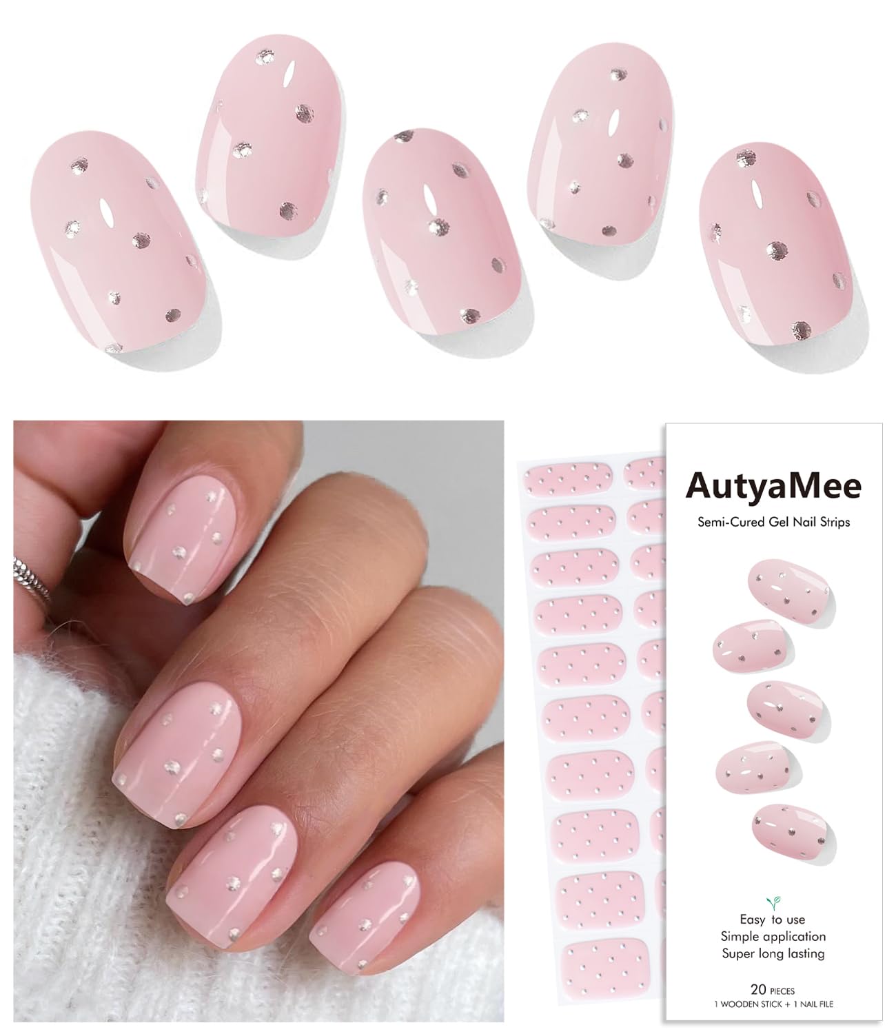 AutyaMee Semi Cured Gel Nail Strips Pink Diamond 20 PC Gel Nail Stickers - Pink Diamond - nail polish