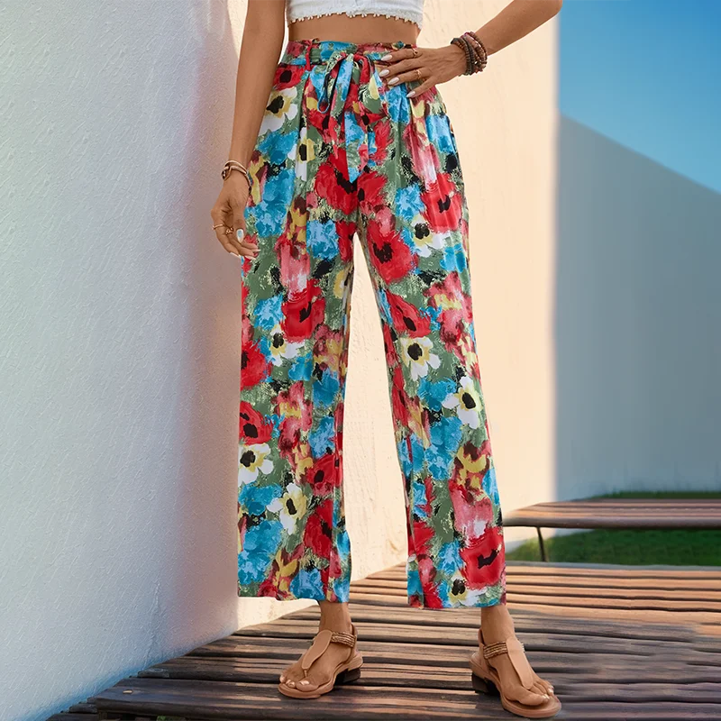 Bohemian Style Printed Lace Up Straight Leg Pants