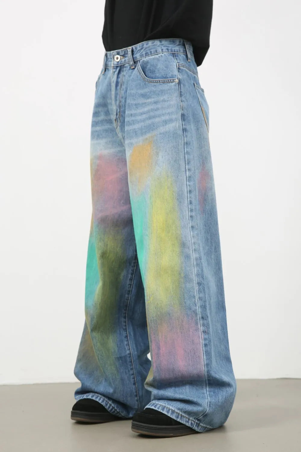Men's Contrast Wide Leg Jeans - -