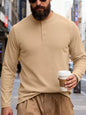 Men's Full Size Casual Long Sleeve Henley T-Shirt Plus Size - Khaki -