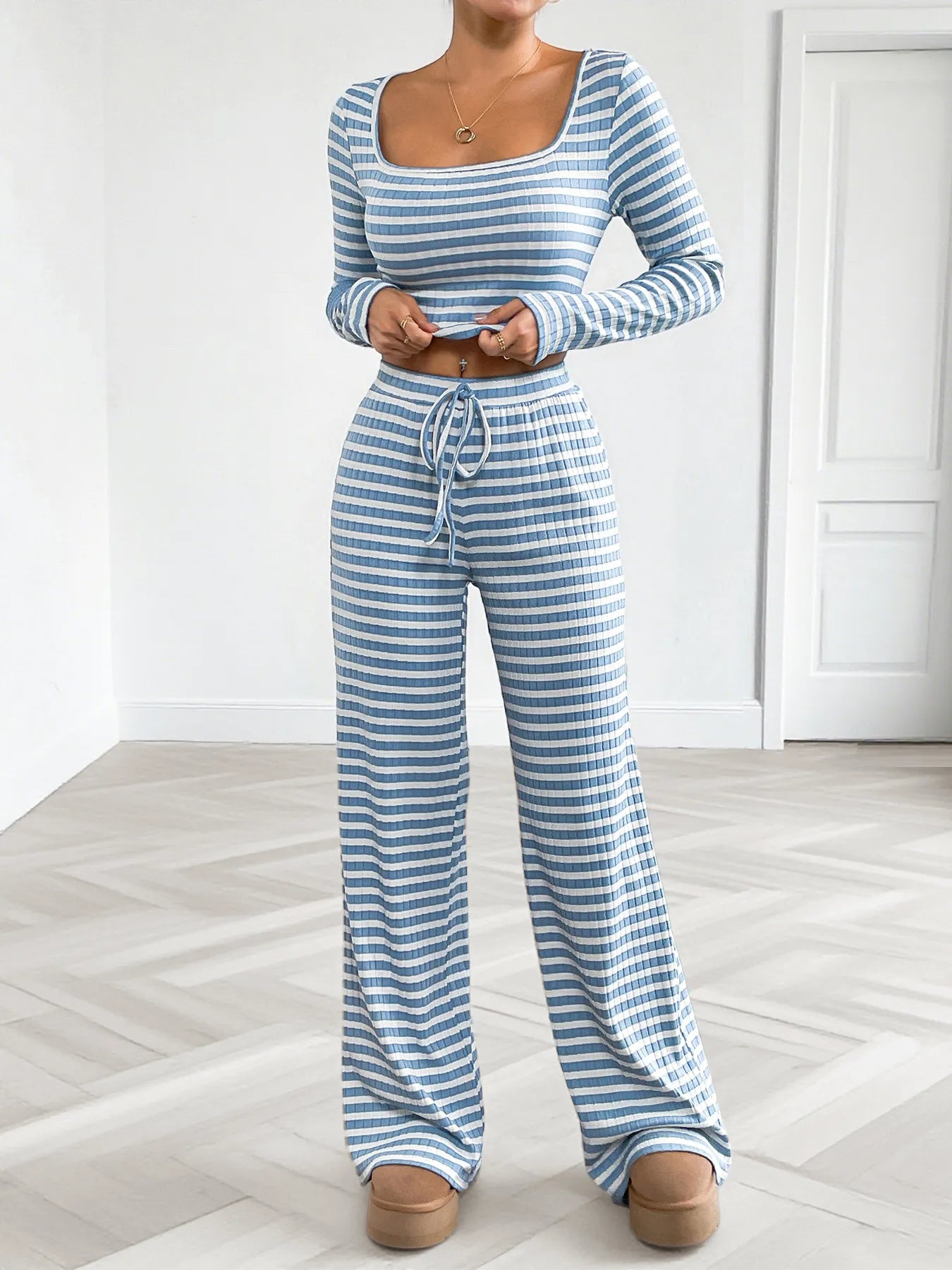 Striped Square Neck Long Sleeve Top and Pants Lounge Set- Shopimist- {{Product type}}