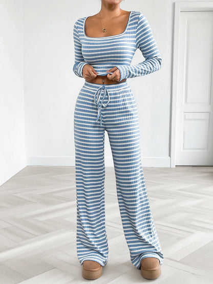 Striped Square Neck Long Sleeve Top and Pants Lounge Set- Shopimist- {{Product type}}