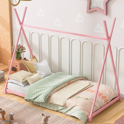 Metal Twin Size House Platform Bed With Triangle Structure - - bed frame