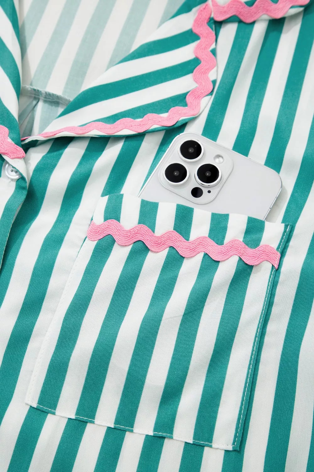 Stripe Contrast Ricrac Trim Long Sleeve Shirt Drawstring Ruffled Pajama Short Set- Shopimist- {{Product type}}