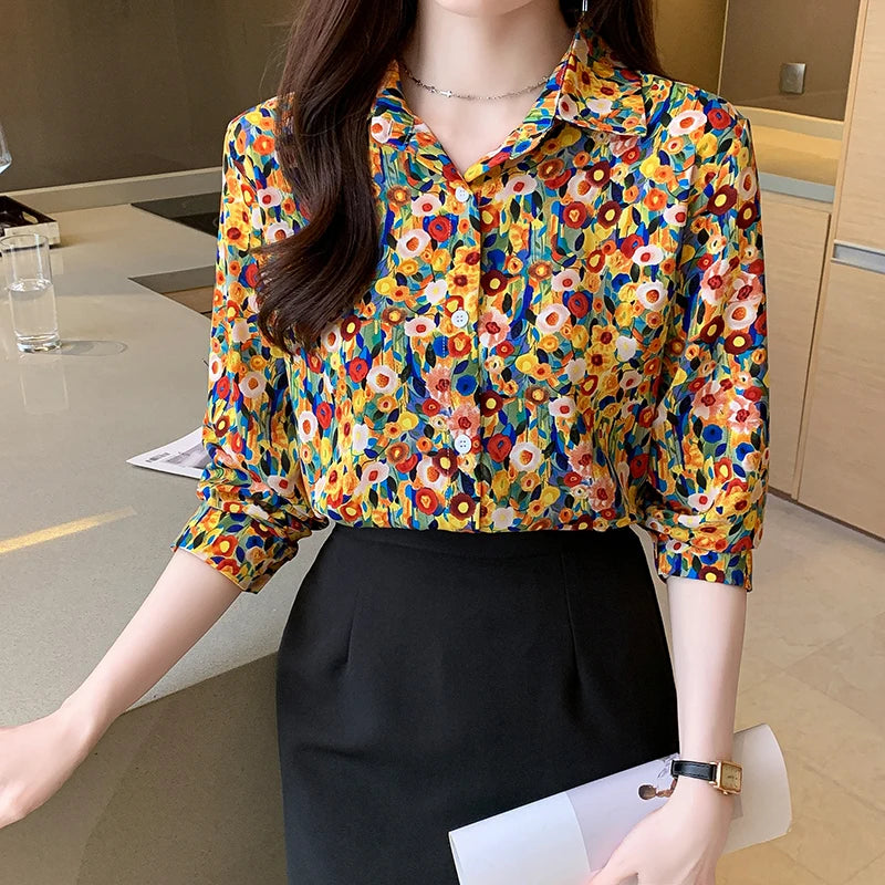 Women's Chiffon Vintage Abstract Print Button Up Loose Shirts Long Sleeve