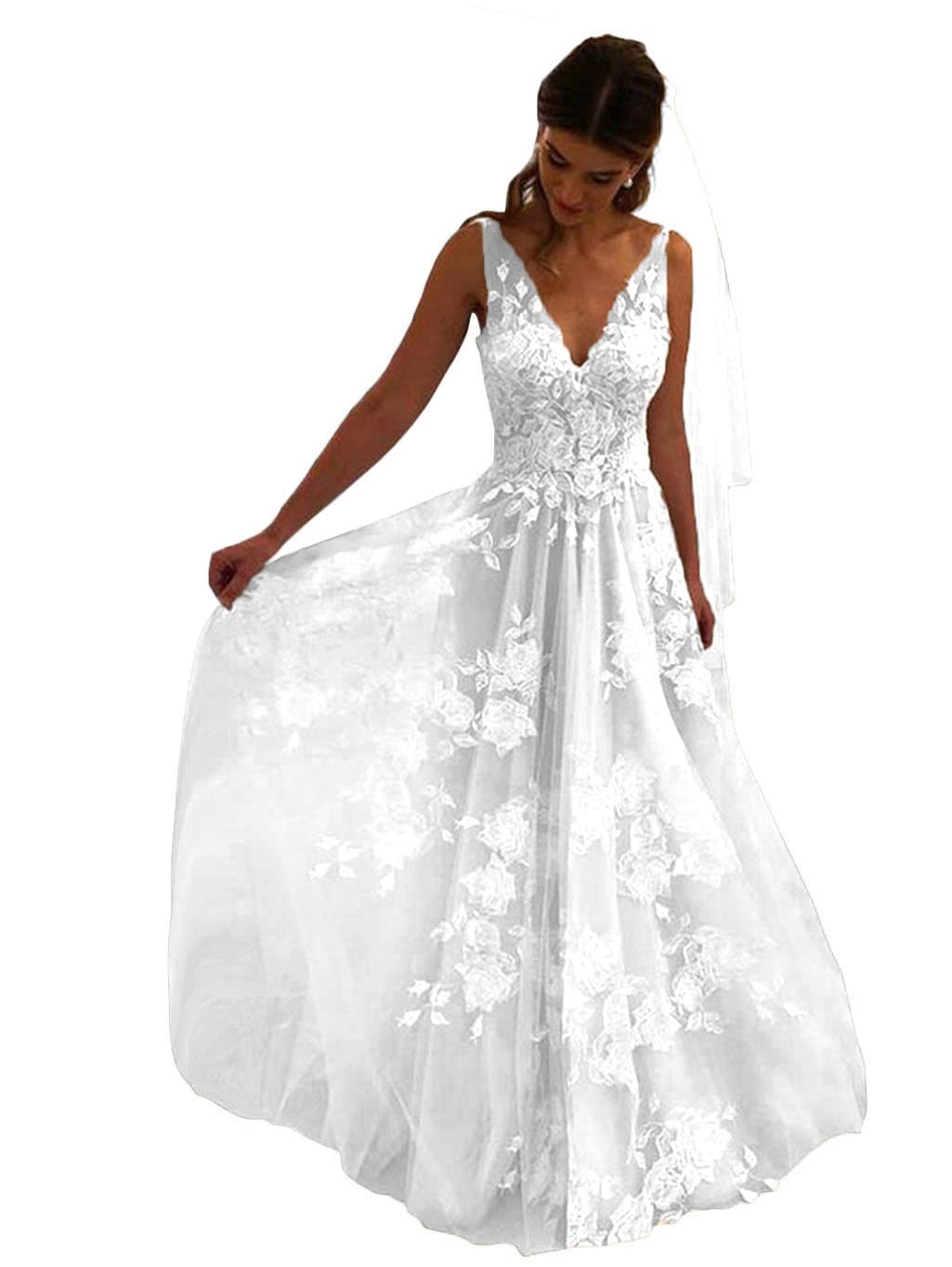 LunaBride Boho Lace V-Neck Wedding Gown US 12 - - dress