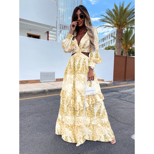 V-Neck Backless Long Dress - Yellow Large - dress
