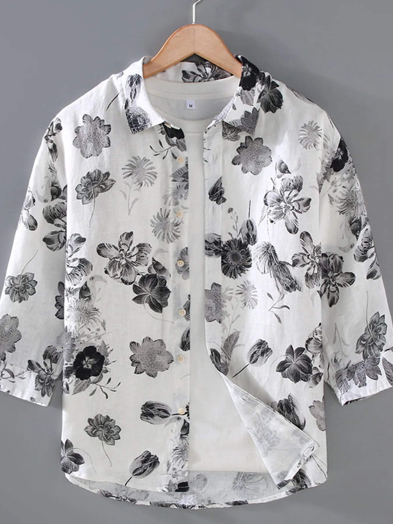 Men's Plus Size Printed Button Up Long Sleeve Shirt - White -