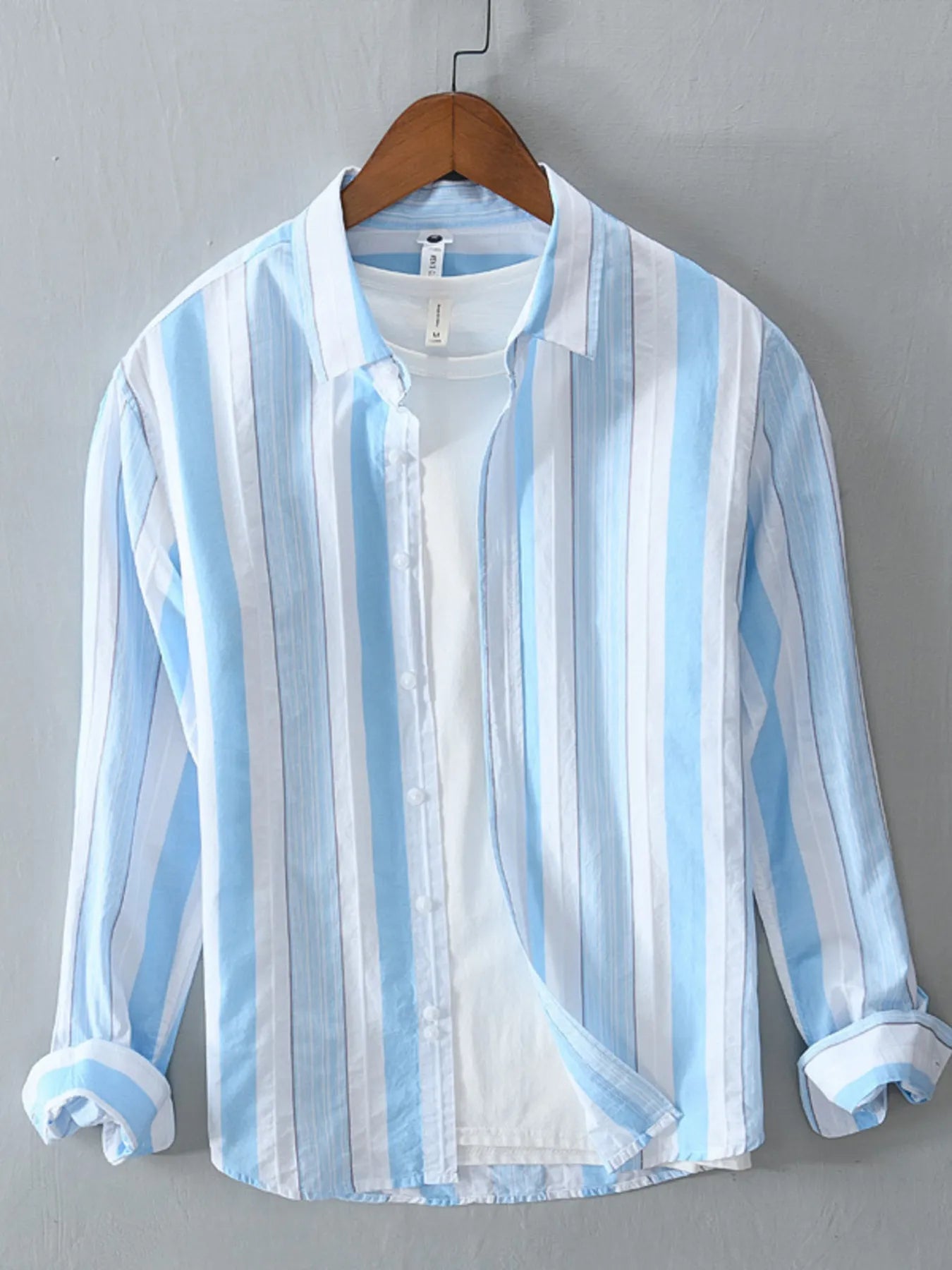Men's Plus Size Striped Button Up Long Sleeve Shirt - Blue -