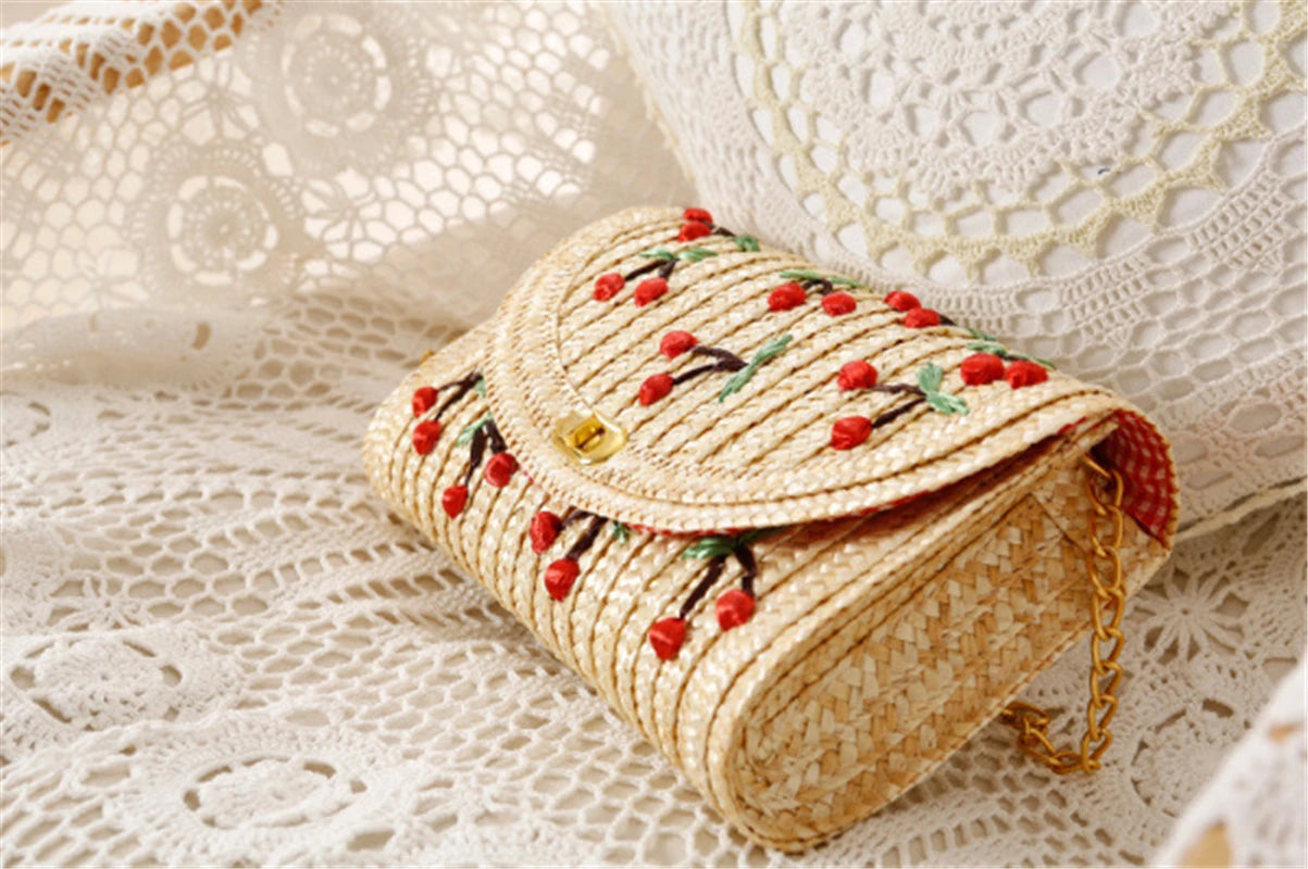 Women Clutch Bags Rattan Weave Shoulder Bag Ladies Wicker Cherry Purse