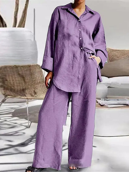 Long Sleeve Cotton Linen Shirt and Loose Pants Two Piece Set Loungewear Set Purple