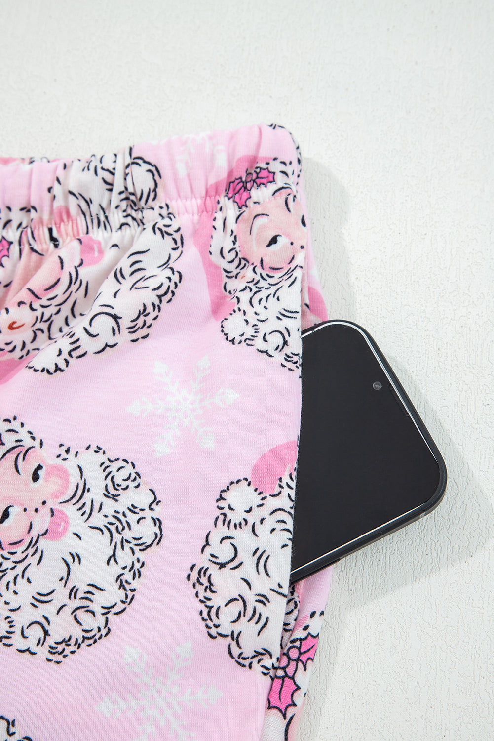 Pink Santa Claus Print V Neck Tee Drawstring Pants 2pcs Lounge Set - - Loungewear & Sleepwear/Loungewear