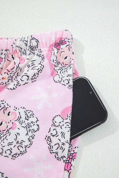 Pink Santa Claus Print V Neck Tee Drawstring Pants 2pcs Lounge Set - - Loungewear & Sleepwear/Loungewear
