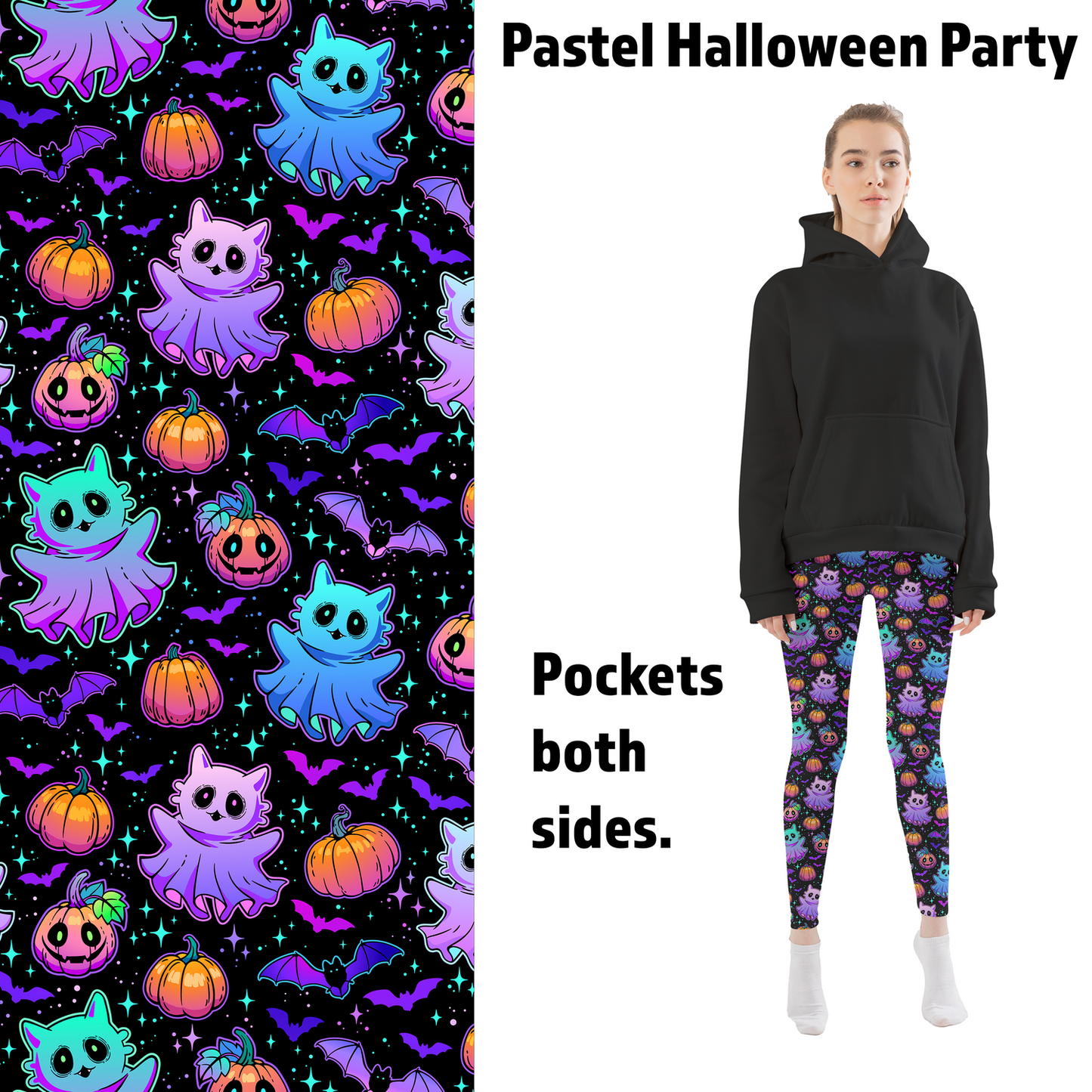 Pastel Halloween Party Cats, Ghosts, and Bats Leggings with Pockets - 2X-4X = TC - Apparel