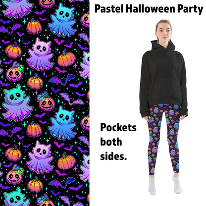 Pastel Halloween Party Cats, Ghosts, and Bats Leggings with Pockets - 2X-4X = TC - Apparel
