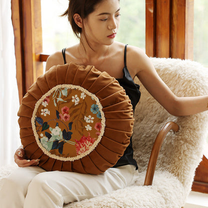 Vintage Style Chinese Floral Pattern Round Cushion - - Pillows