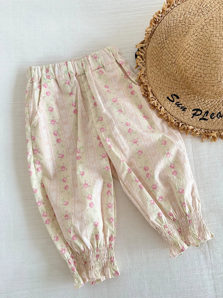 Kids High Waist Pants Floral Printed Pink