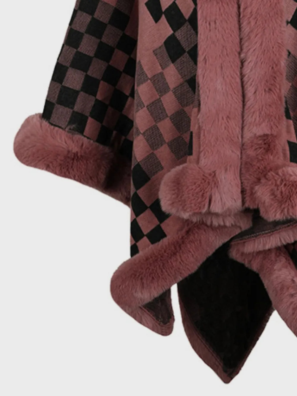 Fuzzy Checkered Long Sleeve Poncho - -