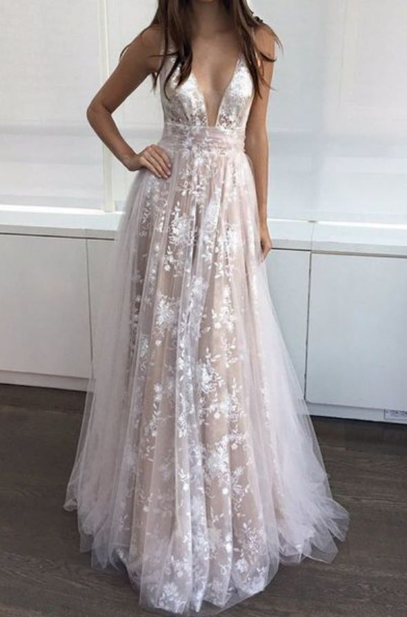 Elegant Lace V-Neck Bridal Gown - - dress