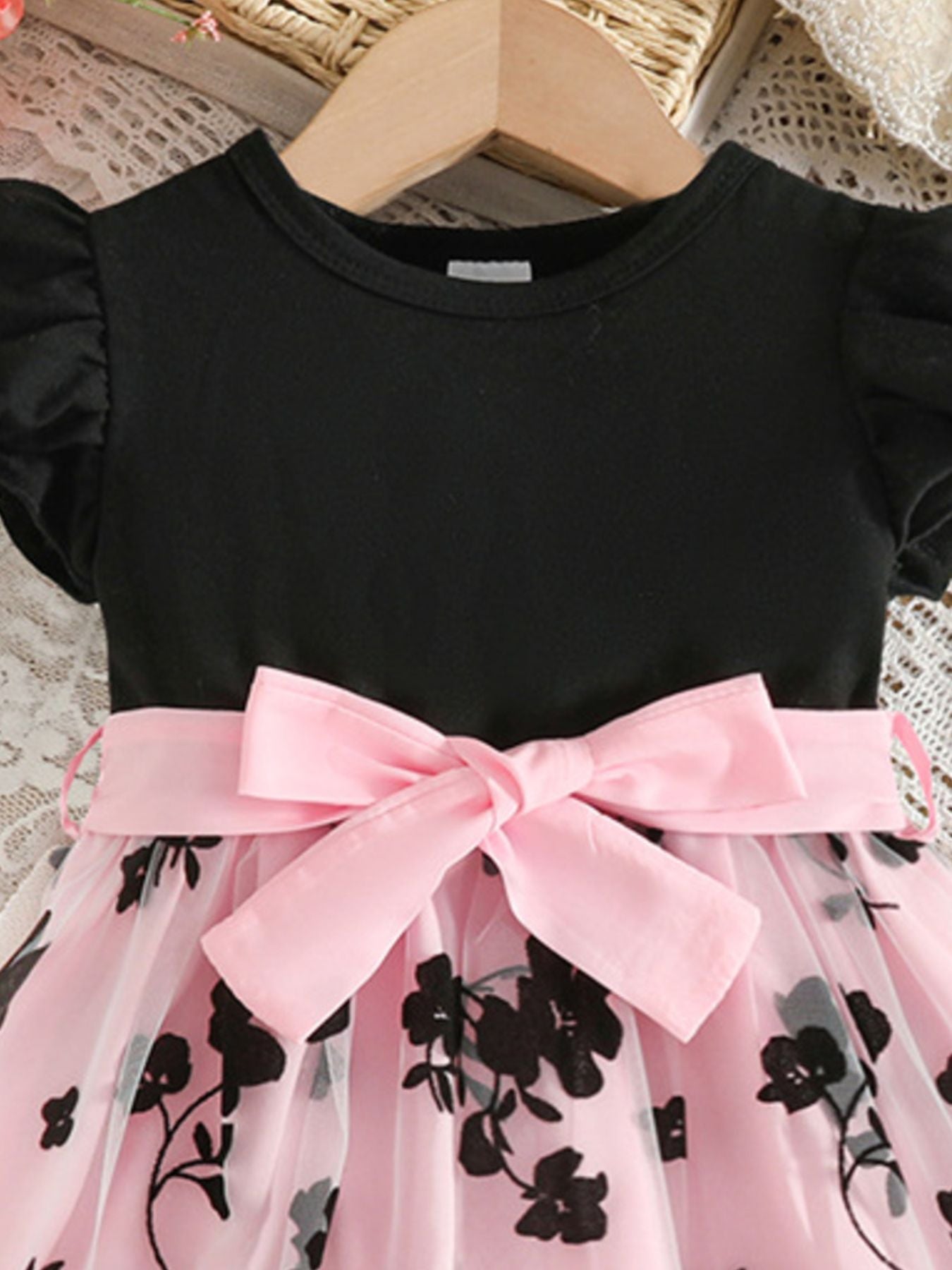 Children's Floral Print Mesh Bowknot Toddler Dress - -