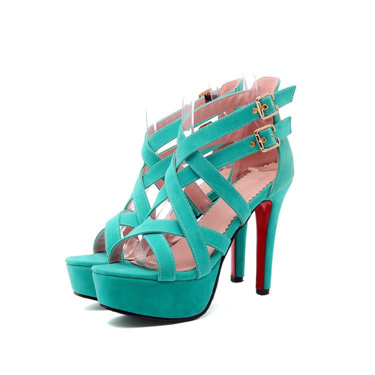 Belt Buckle Hollow Toe Stiletto Platform Sandals - Green 36 - heels