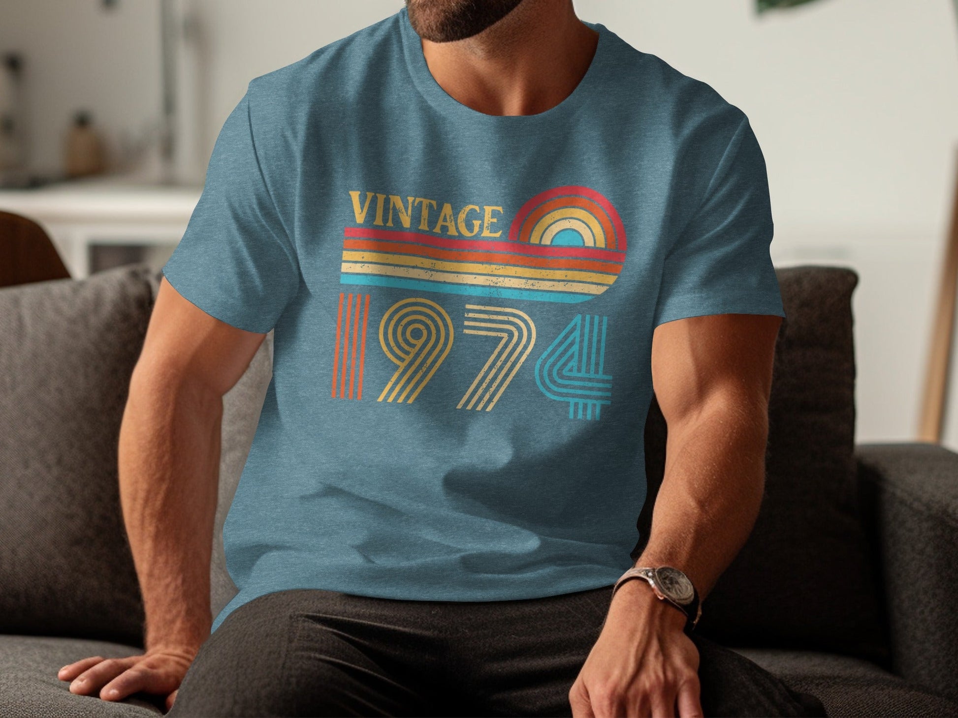 Vintage 1974 Retro Rainbow Distressed Design T-Shirt- Cloud 16 Clothing Co.- {{Product type}}