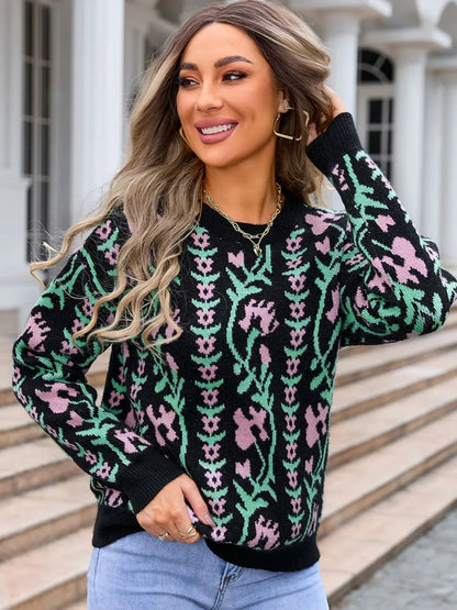 Angel Wings Flower Round Neck Long Sleeve Sweater - Black -