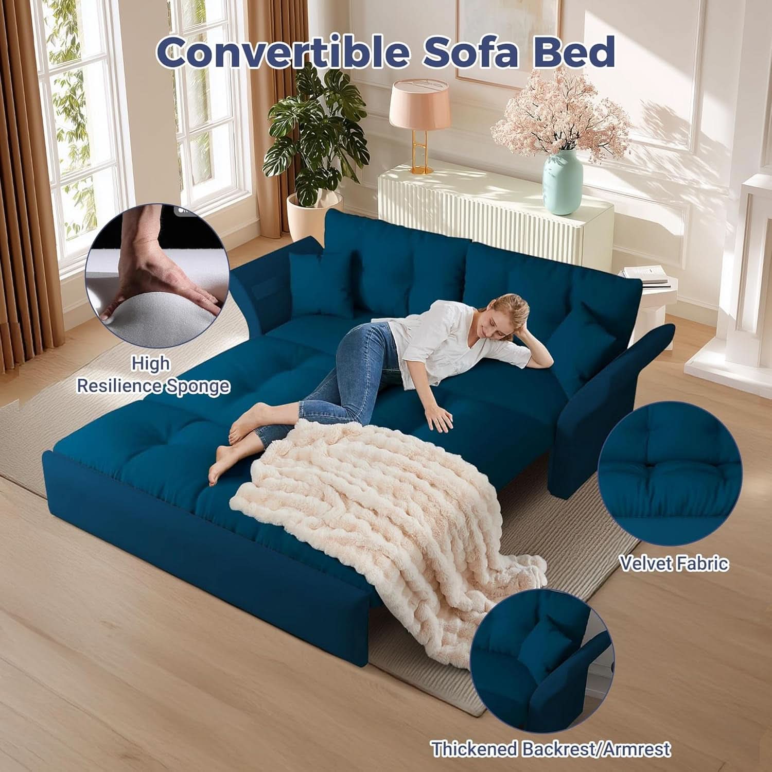 Blue Queen Size Three In One Convertible Sleeper Sofa- ShipItFurniture- {{Product type}}
