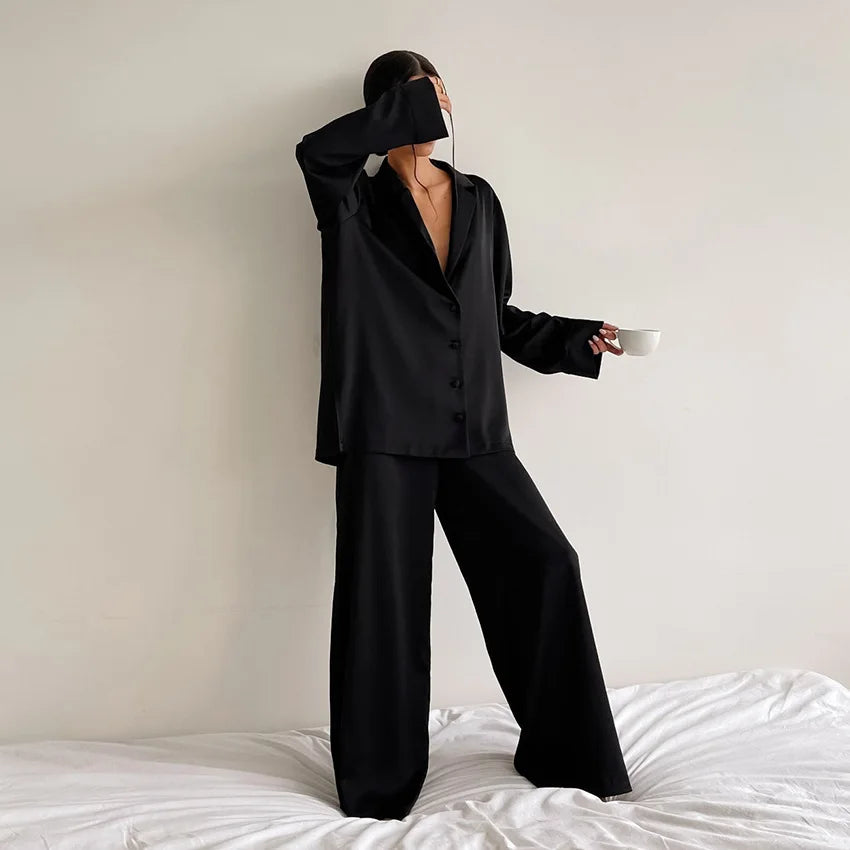 Oversized Satin Low Cut Pajama Single-Breasted Long Sleeve Wide Leg Pants