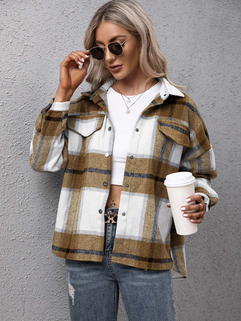 Ivy Lane Plaid Long Sleeve Shirt Jacket - Camel -