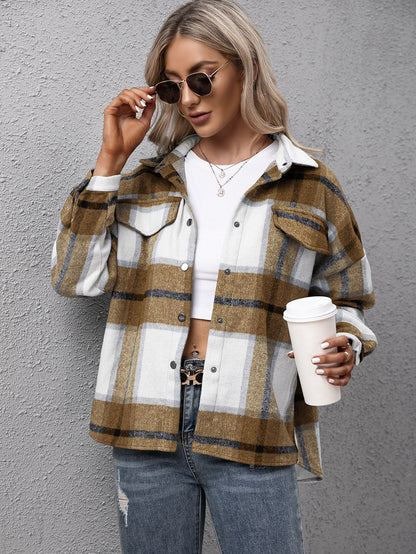 Ivy Lane Plaid Long Sleeve Shirt Jacket - Camel -