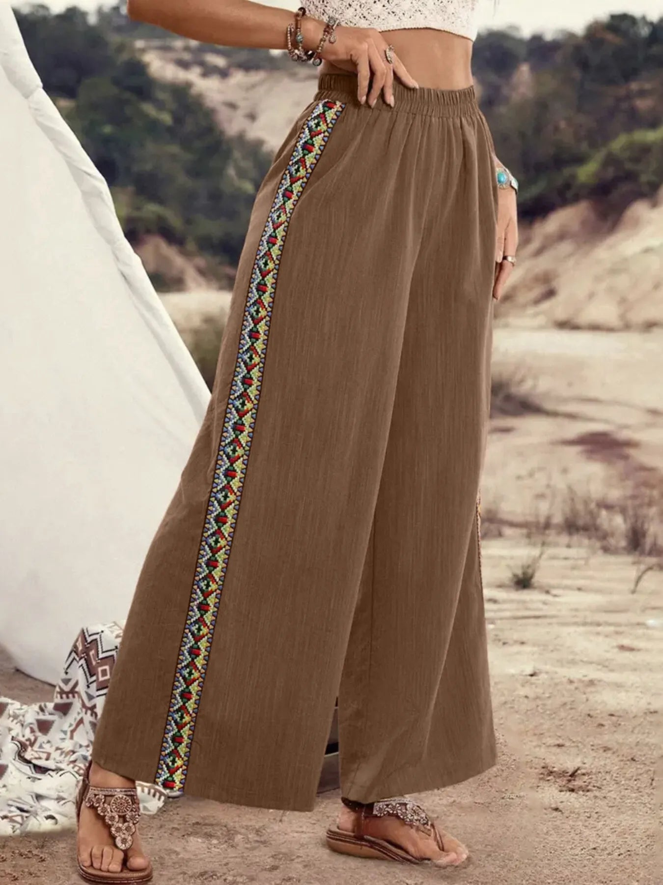 Bohemian Wide Leg Embroidered Side Stripe Pants - Brown -