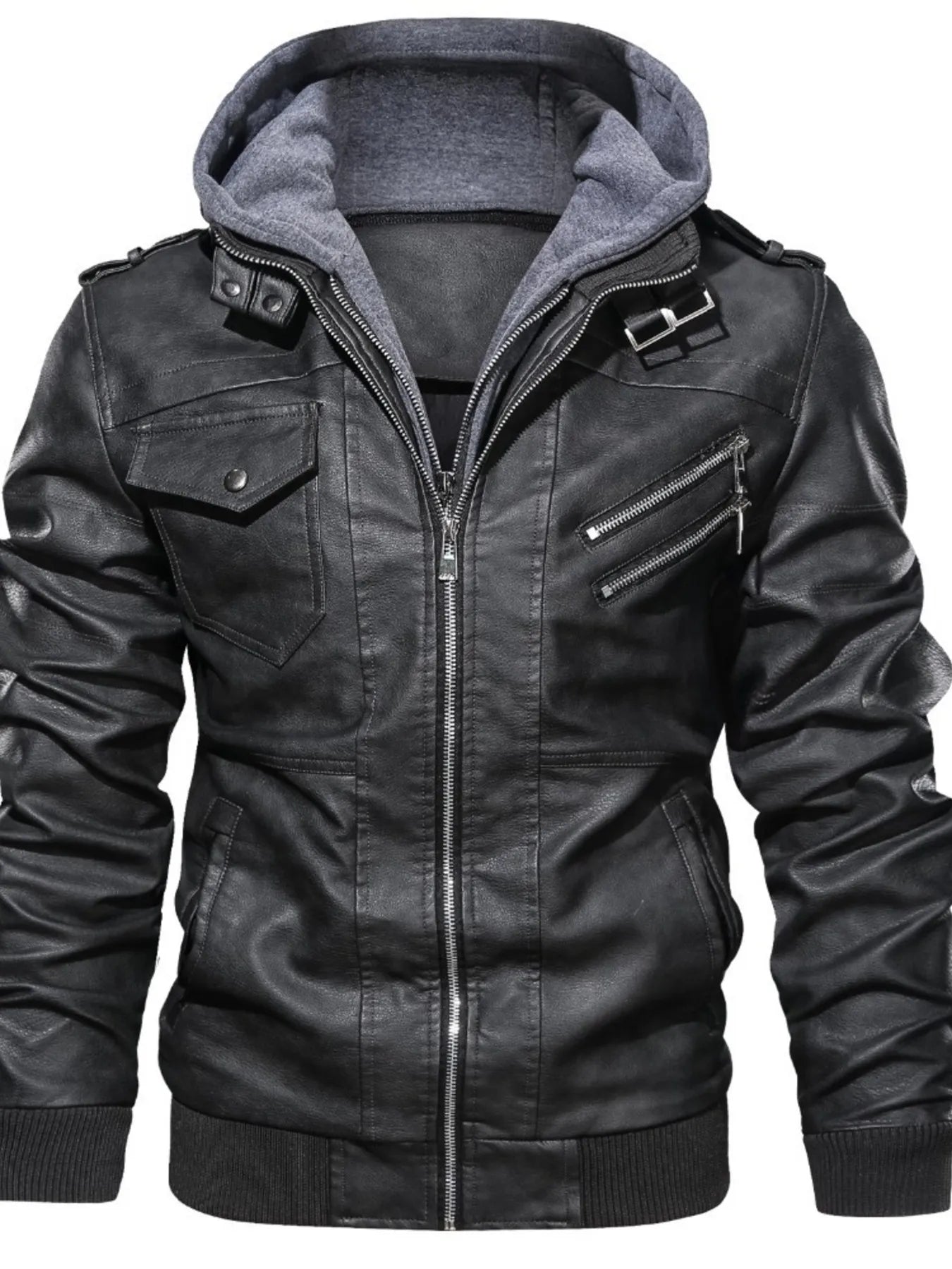 Men's Full Size Vintage Hooded Leather Jacket Plus Size - Black -