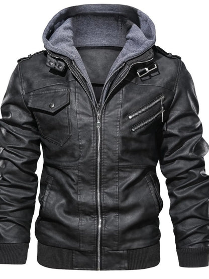 Men's Full Size Vintage Hooded Leather Jacket Plus Size - Black -