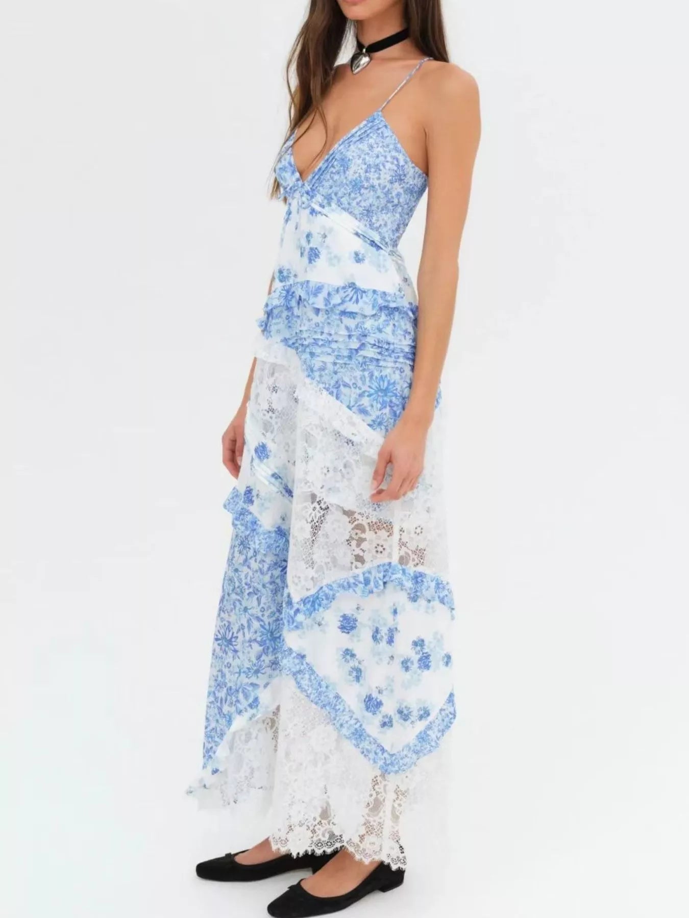 Lace Floral Print Ruffle Trim Maxi Dress - -