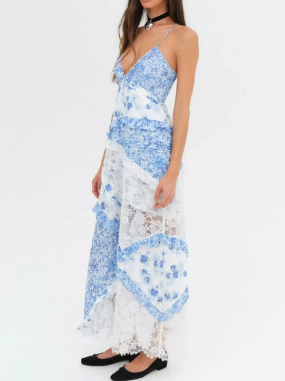 Lace Floral Print Ruffle Trim Maxi Dress - -