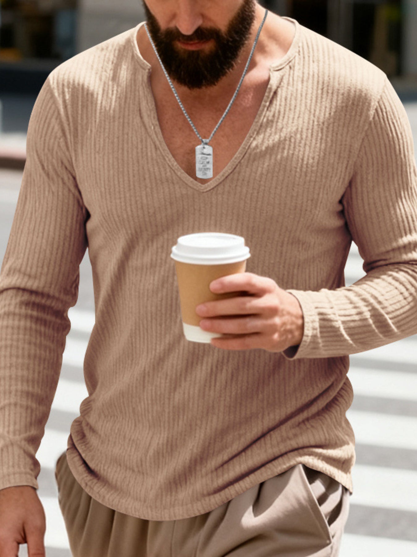 Men's Full Size Casual Ribbed Long Sleeve T-Shirt Plus Size - -