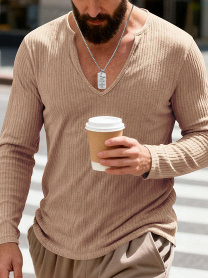 Men's Full Size Casual Ribbed Long Sleeve T-Shirt Plus Size - -