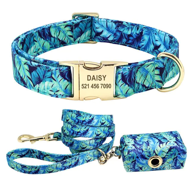 Printed Dog Collar and Leash Set Blue Sets Medium