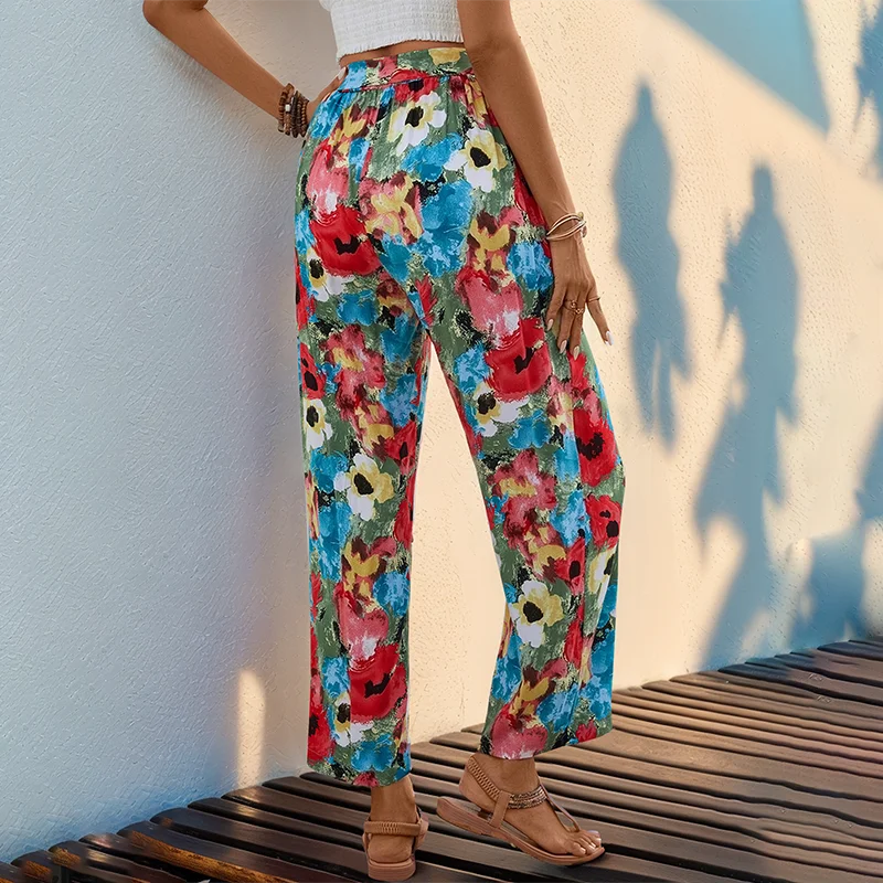 Bohemian Style Printed Lace Up Straight Leg Pants