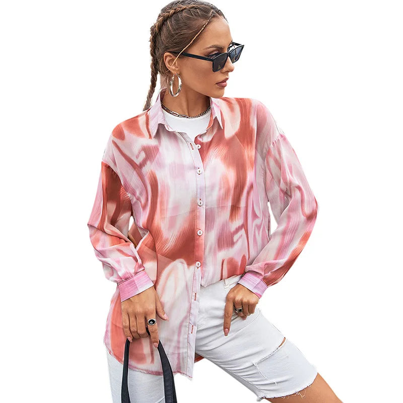 Tie Dye Print Shirt Single Breasted Long Sleeve Loose Ladies Blouse