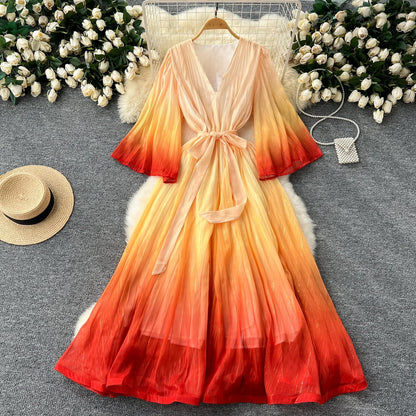 New Waist Tie Loose V-Neck Flared Sleeve Gradient Color Dress