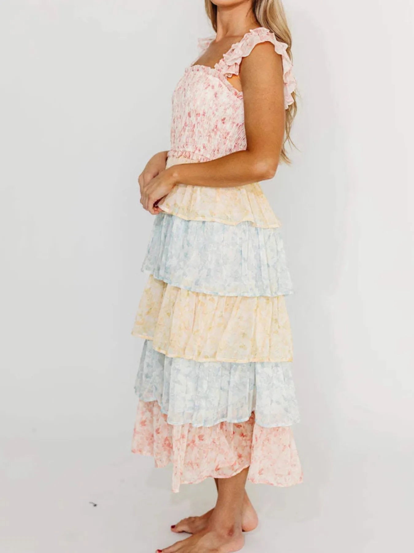 Smocked Ruffle Layered Floral Midi Dress - -