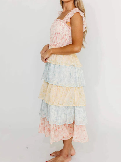 Smocked Ruffle Layered Floral Midi Dress - -