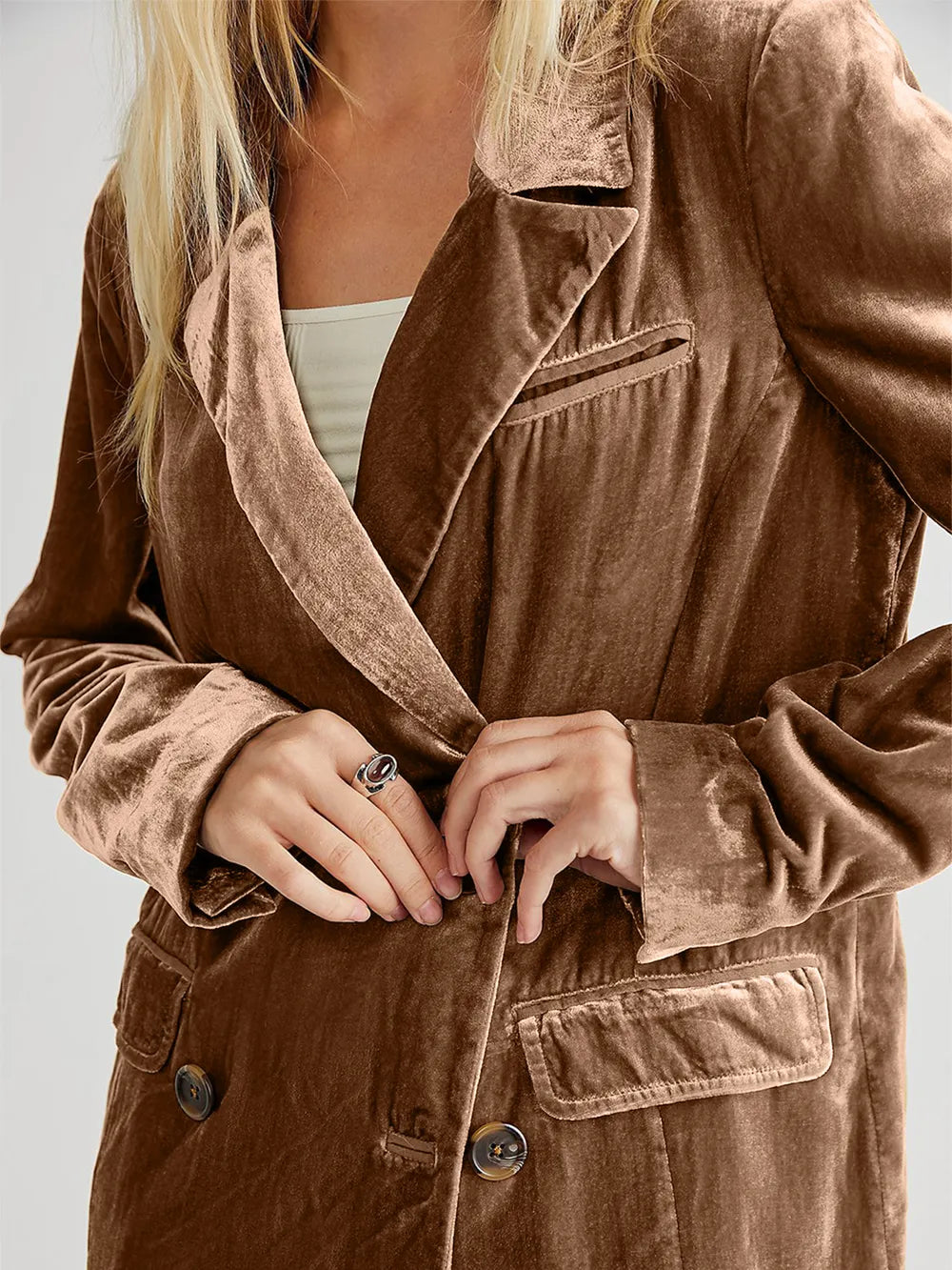 Lapel Collar Long Sleeve Blazer with Pockets - -