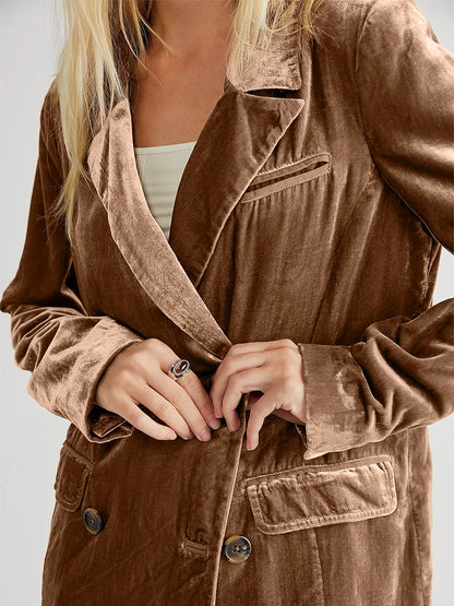 Lapel Collar Long Sleeve Blazer with Pockets - -